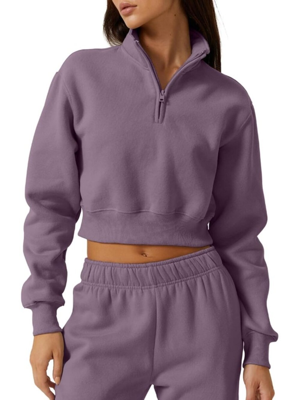 Women’s Lavender High Neck Long Sleeve Cropped Half Zip Top Sweatshirt